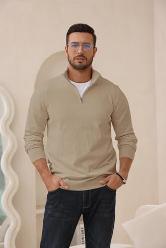 Lexiart Suéter masculino com zíper de um quarto casual pulôver de gola redonda canelada suéter polo,