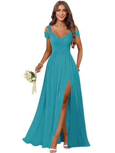 Egorfic Chiffon Long Bridesmaid Dresses with Slit Cold Shoulder Ruched V Neck Formal Evening Party Gown A-Line Wedding Guest Dress Aqua Size 10