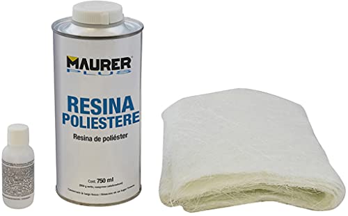 MAURER 14075025 Kit Reparación Resina Poliester 750 Ml con Endurecedor y Fibra De Vidrio, Multicolor, único