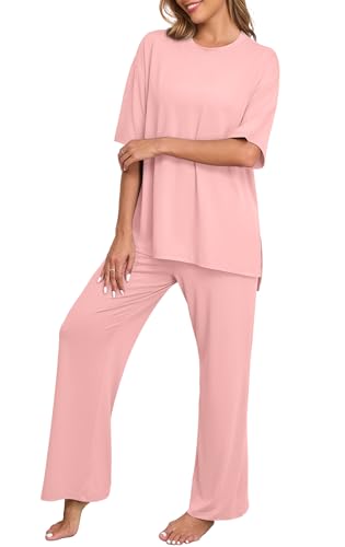 Image of PrinStory Womens Pajamas Sets 2 Piece Lounge Set Short Sleeve Tops and Long Pants Soft Pjs Loungewear with Pockets