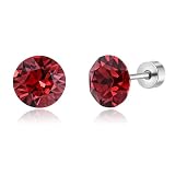 Weviway Surgical Steel Ruby Stud Earrings for Women, Silver Flat Back Piercing Earrings, Birthstone Crystal Jewellery Gift