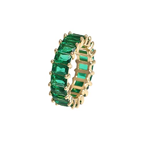 Image of Caiyao Green Emerald Eternity Paved Square Cubic Zirconia Promise Wedding Band Rings Gold Plated Baguette Jewelry Rectangle Emerald-Cut CZ Ring for Women Girls