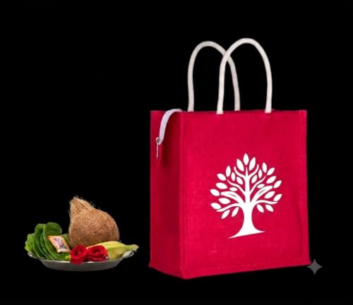 Image of Soman Jute Ecofriendly Return Gift Bags Divine Tree Printed Multicolor bags with Zip Pack of 10 Bags