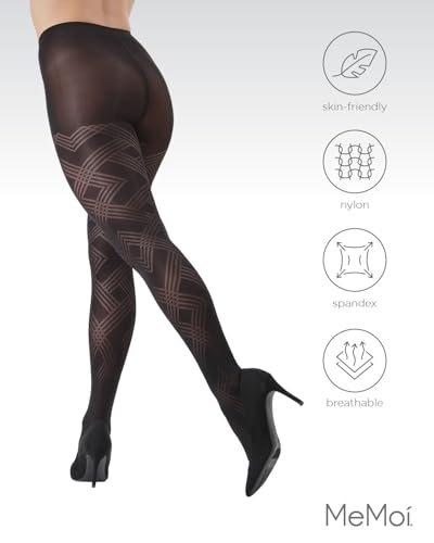 Image of MeMoi Geometric Pattern Control Top Tights, Smoothing Opaque Tummy Control Tights, 60 Denier - Sizes Small to Q2