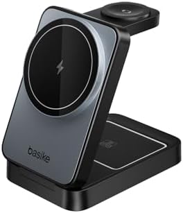 Basike Carregador Sem Fio 3 em 1 Magnético 2025, Estação de Carregamento Portátil com Luz Noturna, Dobrável e Compatível com MagSafe, iPhone 16/15/14/13/12, Apple Watch e AirPod (Preto)