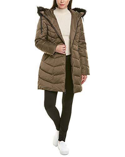 T Tahari Women's Fitted Puffer Coat with bib Detail and Faux Fur Strip, Sepia, XL