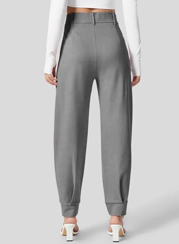 Dokotoo Women's Pants Waffle Classic High Waisted Adjustable Button Hem Business Casual Tapered Pants with Pockets4