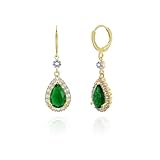 Weviway Teardrop Emerald Dangle Earrings, 18K Gold Plated, Crystal Halo Design, Lightweight