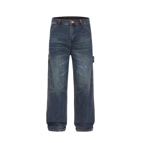 Men's Loose Fit Carpenter Jeans, Workwear Denim, Multi-Pockets, Straight Leg, Vintage Utility