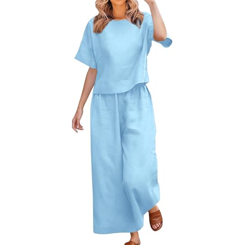 Chándal de dos piezas para mujer elegante de algodón, pantalones de lino, cuello redondo, chándal para correr, camisetas y pantalones anchos, traje deportivo, informal, chaqueta de color sólido