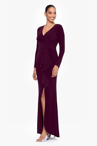 Image of Betsy & Adam Women's Long Sleeve V-Neck Jersey Knit Formal Evening Gown with Side Slit and Cascading Ruffle Detail