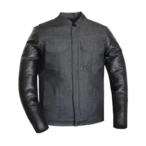 MATAGEAR Motorcycle Mens Black Raw Denim Jacket with Leather Sleeves (Large) Cover