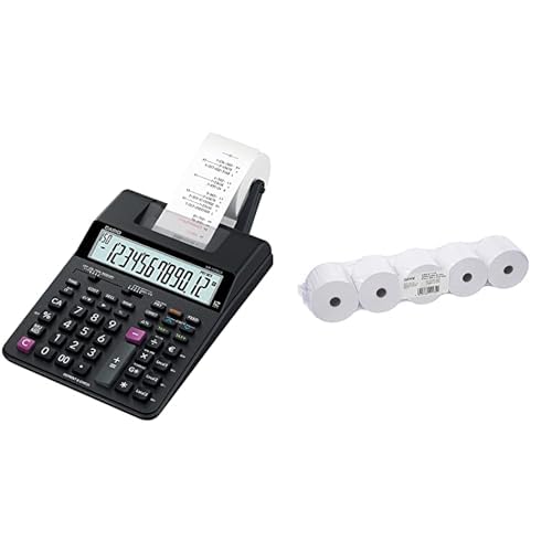 CASIO Druckender Tischrechner HR-150RCE, 12-stellig, 2-Farbdruck, Nachträglicher Druck & Genie Additionsrollen (Ersatz-Papierrollen, 40 lfm, 100% Holzfrei, 57 x 12 mm) 5er Pack weiß