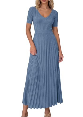 Image of PRETTYGARDEN Women's 2026 Spring Midi Sweater Dresses Elegant Pleated Ribbed Knit Short Sleeve V Neck A Line Summer Outfits