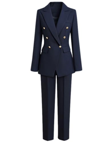 Women's Two Pieces Casual Suit Double Breasted Jacket with Golden Buttons Peak Lapel Business Tuxedos