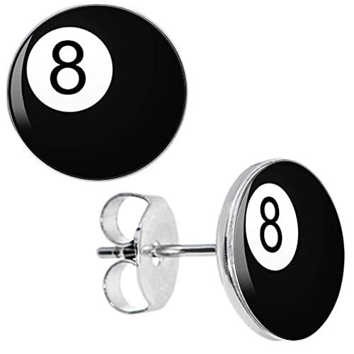 BlackAmazement Lot de 2 boucles d'oreilles en acier inoxydable 316L billard billard de piscine numéro 8 huit boules de billard noir 8 mm 10 mm noir argenté...