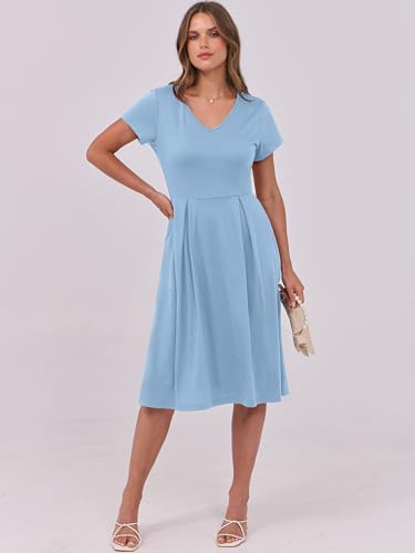 Image of ANRABESS Women Summer Dress Casual Short Sleeve V Neck A-Line Knee Length Pleated Flowy 2026 Fashion Midi Dresses with Pocket