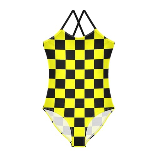 Image of Black and White Chess Girls One Piece Swimsuits Board Marble Tile Sport Halter Swimwear Beach Bathing Suit 3T
