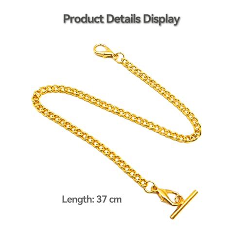 Zephyra Goldene Taschenuhrkette mit T-Bar – 37cm Metall Uhrkette für Herren & Damen, Klassische Kette für Weste, Karabinerverschluss, Vintage Uhrenkette als Accessoire oder Geschenk
