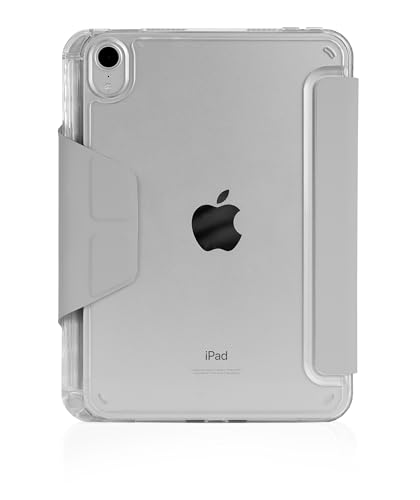 STM OPP Case for iPad mini (A17 Pro/6th Gen) – Ultra-Slim Folio Cover with Origami Stand, Crystal Clear Back, Drop Protection, Integrated Apple Pencil Holder, Easy Port Access – Grey