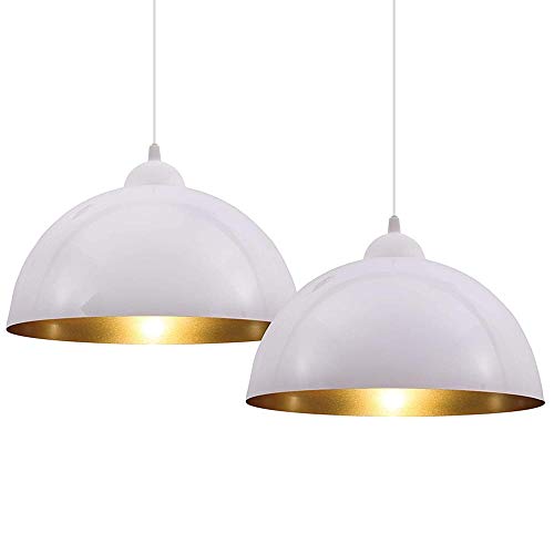 BAKAJI Coppia Lampadari Sospensione Design Moderno Industriale Porta Lampada in Metallo Diametro 30cm Lunghezza 130cm Cavo Regolabile Lampadina E27 Max 60W Lampadario Illuminazione Casa (Bianco e Oro)