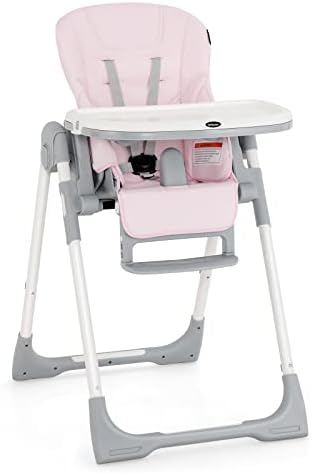 INFANS High Chair for Babies & Toddlers, Foldable Highchair with Multiple Adjustable Backrest, Footrest and Seat Height, Removable Tray, Detachable PU Leather Cushion, Built-in Rear Wheels (Pink)