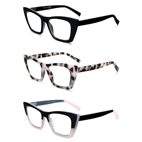 KoKoBin 3 confezioni di occhiali da lettura in stile Oprah per le donne che bloccano la luce blu del computer Lettori a occhio di gatto con cerniera a molla (3 Pack, 1, Diottria)