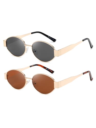 (2 PACK) Retro Oval Sunglasses for Women Trendy Classic Shades UV400 Protection