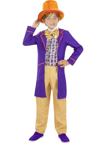 Funidelia | Disfraz de Willy Wonka - Charlie y la Fábrica de Chocolate para niño Disfraz para niños y divertidos accesorios para Fiestas, Carnaval y Halloween - Talla 7-9 años - Morado