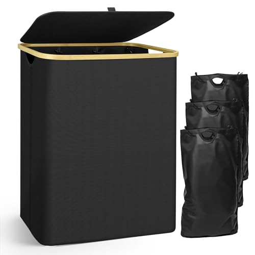 Panier à Linge Sale 160L avec 3 Compartiments de Tri et Couvercle, Pliable et Imperméable, Tissu Oxford, Sac Amovible Lavable en Machine, Organisation...