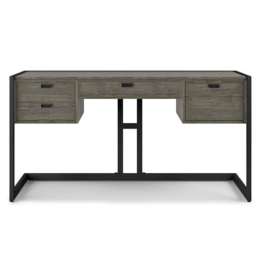 SIMPLIHOME Hampden SOLID ACACIA WOOD Modern Industrial 60 Inch Wide Desk in Weathered Grey, For the Office Desk, Writing Table, Workstation and Study Table