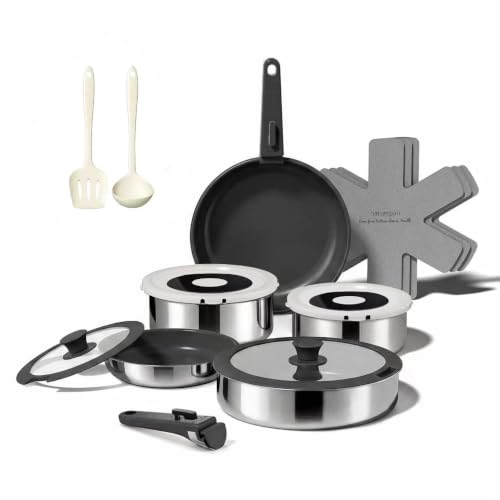 Image of 16PCS Pots and Pans Set Non Stick, Diamond-Titanium Ceramic Cookware Set & 3 Layer Stainless Steel with Detachable Handle, Induction Cookware, Non Toxic Oven /Dishwasher Safe, Black