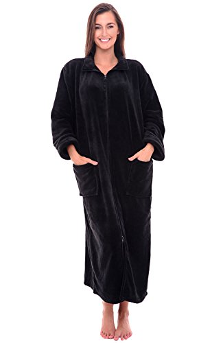 Alexander Del Rossa Long Zip Up Robes, Plush Zipper Robes Plus Size, Housecoats Zipper Front Black Medium (A0300BLKMD)