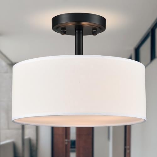 Image of Modern 3 Light Black Drum Semi Flush Mount Ceiling Light Fixture | Ceiling Mount for Hallway Bedroom Entryway Foyer Office