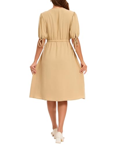 Image of Women Linen Rayon Blend Midi V Neck Button Front Elastic Waist Puff Sleeve Tie Casual Summer Dress