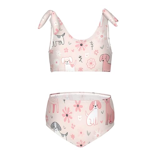 Girls' Bikini Set, Pink Pastel Dogs and Flowers Kids Swimsuit 2 Pcs Beach Bathing Suit