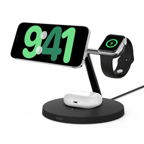 Belkin BoostCharge Pro Station de Recharge 3-en-1 avec Qi2 (Chargeur magnétique Compatible avec MagSafe pour Tous Les modèles de l'iPhone 15, 14, 13 et 12, l'Apple Watch et Les AirPods, 15 W, Noire)