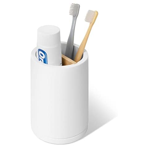 NAUMOO White Concrete Toothbrush Holder - Removable Base and Bamboo Divider - Electric Toothbrush and Toothpaste Stand - Tooth Brushing Holder for Bathrooms Cover