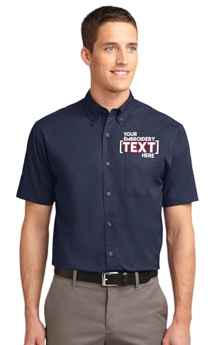 Custom Embroidered Casual Button Downs for Men - Add Your Text - Short Sleeve Easy Care Embroidery Shirts