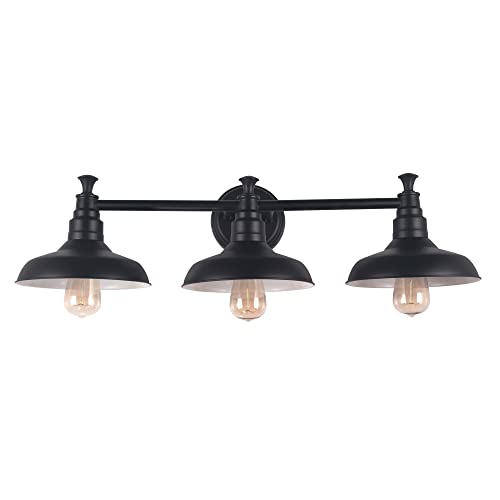 Image of Design House 588533 Kimball Industrial Farmhouse 3-Light Indoor Bathroom Vanity Light Dimmable with Metal Shades for Over The Mirror, Matte Black