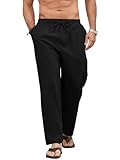 Pantalón Lino Hombre Verano de Mezcla Algodón y Lino Ligero Transpirable con Cintura Elástica Cordon y Bolsillos Pantalones de Lino Hombre Corte Largo Negro L