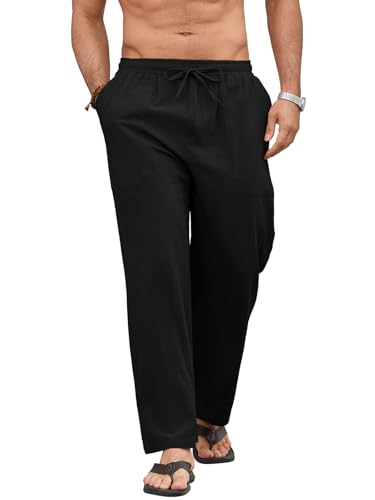 QPPIE Men Linen Drawstring Pants Casual Summer Cotton Trousers Lightweight Breathable Straight Leg Vocation Beach Lounge Wear Black L