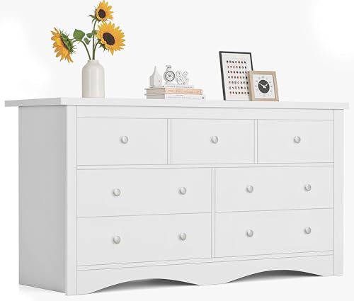 Image of Furmax Dresser for Bedroom, 7 Wood Dresser, Chest of Drawers, for TV up to 65 inch, TV Stand Storage Chest of Drawers for Hallway Entryway (White)