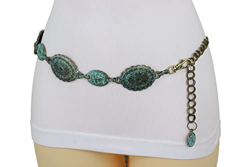 Women Wide Bohemian Fashion Belt Hip High Waist Antique Gold Metal Turquoise Charms S M2
