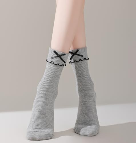 Image of Womens Bow Socks Ruffle Casual Crew Black Whitte Soft Breathable Cotton 4 Pairs Socks