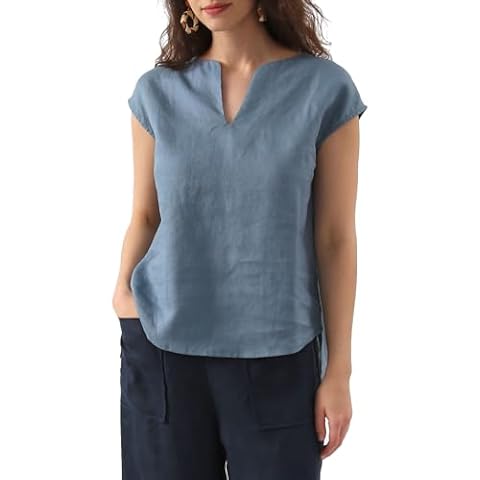 Amazhiyu Women's 100% Linen Summer V Neck Cap Sleeve Blouse Basic Casual Top Blue,Medium Cover
