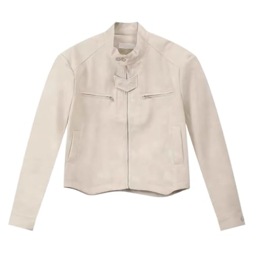 GUOYUXIAO Ropa de motocicleta de cuero con cuello levantado Retro, chaquetas cortas holgadas para hombres-White-XL