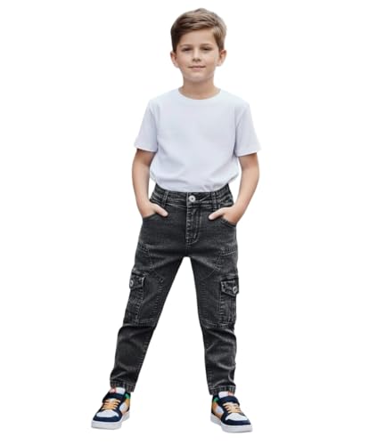Image of Boys Cargo Pants, Kids Cargo Jeans with Pockets, Adjustable Waist, Stretch Denim Casual Pants for Boys