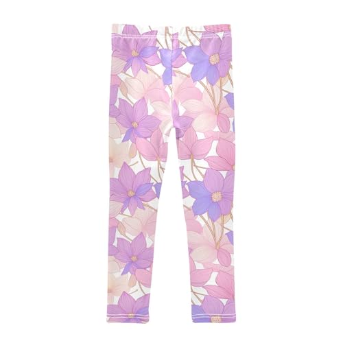 KLL Lilac and Pink Flowers Girls Basic Leggings Stretch High Waisted Dance Pants Sports2