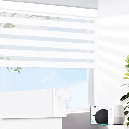Image of No Drill Motorized Blinds with Remote,95% Blackout Electric Zebra Shades Light Filtering, Smart Automatic Zebra Blinds for Indoor Windows,Compatible with Alexa,Google,Luxury White,Custom Sizes